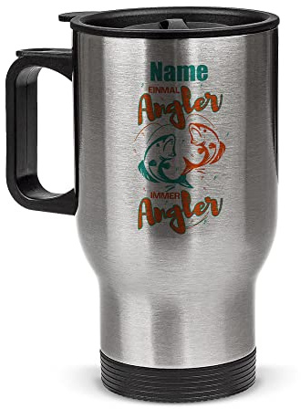 Tassendruck Edelstahl-Thermobecher selbst gestalten mit Name - Einmal Angler, immer Angler - Coffee to Go Becher, Geschenke für Angler, Petri Heil | Personalisiertes Geschenk, Silber, 390 ml