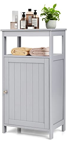 LIFEZEAL Badezimmerschrank mit 2 Schubladen, Badschrank aus Holz, Bad Kommode klein, Bathroom Cabinet mit Anti-Rutsch-Füße, Beistellschrank für Wohnzimmer, mit Offenes Fach (Grau, 45 x 30 x 84 cm)