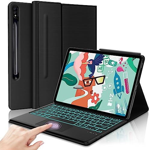 AVNICUD Tastatur Hülle mit Touchpad für Samsung Galaxy Tab S8+/S7 FE/S7+12,4 Zoll mit Stifthalter,Gegenlicht QWERTZ Deutsch Bluetooth Tastatur Hülle für Samsung Tab S8 Plus/S7 Plus,Schwarz