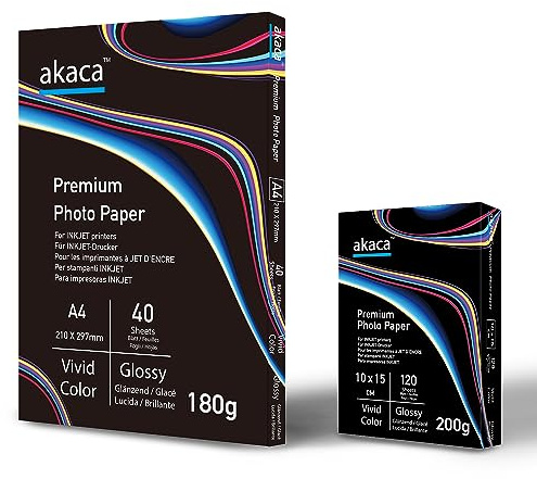 akaca Fotopapier Glänzend 180 g/m², Premium Glossy Photo Paper, Photopapier für alle Tintenstrahldrucker (180g A4 | 40 Blatt + 200g 10x15 | 120 Blatt)