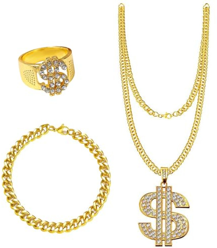 Xumann 3pcs Gold Chain Fancy Dress for Rapper,Hip Hop Costume for Rapper Women Men,Dollar Sign Necklace Accessories