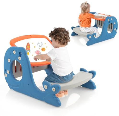 COSTWAY 4 en 1 Table Enfants en Forme Baleine avec Banc & Plateau Double Face, Chevalet Enfants avec Espace de Stockage, Angle Réglable 30°，Charge 25kg pour Enfants de 1 an+