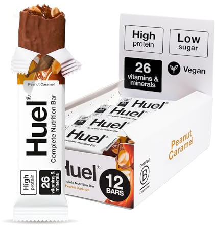 Huel Complete Nutrition Bar, 12 x 51g Bars, Peanut Caramel, High Protein Bar, Plant-Based Protein Bars, Low Sugar, High Fibre, High-Protein Snack with Vegan Chocolate, Under 200 Calories