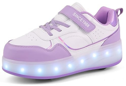 Rollschuhe Schuhe Jungen Mädchen Skateboardschuhe Mit Rollen, Verstellbar Jugend Schuhe mit Rollen und LED Licht, Multifunktionale Sportschuhe Outdoorschuhe für Kinder Erwachsene-Lila-Zwei Räder||36