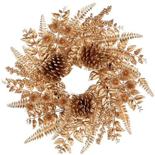 Hollyone Corona de Navidad de 40 cm, corona decorativa dorada para puerta de casa, coronas artificiales con piñas, helecho, bayas, coronas de mesa de invierno para decoración de Navidad, Adviento,