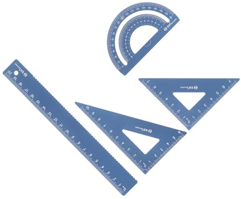 Kozelo Set Geometria - 4Pz [Righello 20 Cm] Lega Alluminio Incisione Laser Misurazioni Precise Colore Blu Scuro Uso Ufficio e Classe, Goniometro 180 Gradi, Triangolo 7 Cm Triangolo 8 Cm