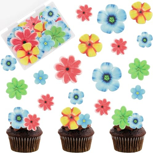 Morofme Essbare Blumen für Torte 35 Stück, Farbe Esspapier Blumen Cupcake Topper, Essbare Blüten Tortendeko für Hochzeit, Geburtstag, Jubiläum, Muttertag, Thema Party Cake Decorations