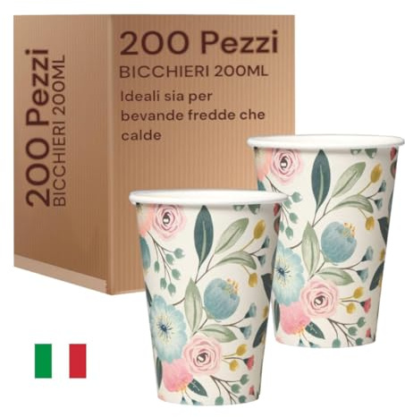Generico Mecup Bicchieri in Carta, Bicchieri Monouso, 200 Pezzi, Tazza Caffè 200 ml, Usa e Getta, Per Bevande Calde e Fredde, Design Elegante, Igienici, Biodegradabili, Fantasia Floreale