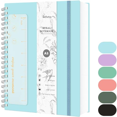 Qefuna Notizbuch A5 Dotted,Bullet Dot Journal, 300Seiten Spiralnotizbuch, 100g/M² Tintenfestes Papier, PVC-Hardcover，mit Lineal, Erweiterbare Taschen, Elastische Bänd,14.5 * 21cm-Blau