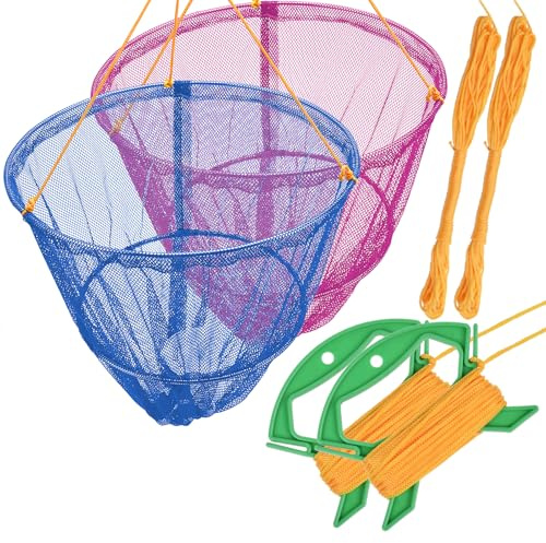 SF Portable Crab Drop Net with Net Bait Bag & Rope & Line Handle for Crabbing Catch Fish Prawn Crayfish Lobster, Multi Colors(Set of 2/4, W30cm x H25cm)