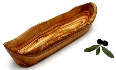 DAGDEG Cuenco de pan de madera de olivo de 30 cm – Frutero rústico de madera alargada – Cuenco de baguette hecho a mano – Cuenco de madera natural – Único mediterráneo – Cuenco de madera hecho a mano