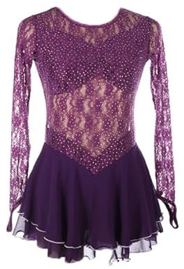 Damen Eiskunstlauf Wettkampf Rock Aus Spitze Langärmlige Eislauf Trikot Kleider Für Mädchen Kostüme Für Rhythmische Sportgymnastik Handgefertigt Elastizität,Lila,M