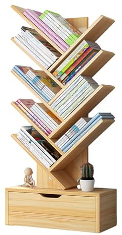 qorkhogr Bücherregal in Baumform mit 8 Ebenen, Bücherregal auf Fuß, kleiner Turm für Bücher/C D/Filme, Regale aus Holz mit Schublade, Wohnzimmer, Schlafzimmer und Schreibtisch aus Holz