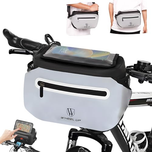 Munaduna Fahrrad Lenkertasche, 4.5L Wasserdicht mit Verstellbarem Handyhalter (bis 7), klick-System für 22,2-31,8 mm Lenker, Reflektierend & Inkl. Regenschutz, 3-in-1 Umhängetasche
