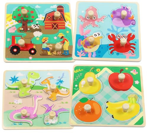 Holzpuzzle, Holzspielzeug ab 1 2 3 Jahren, 4 Stück Steckpuzzle Holz,Montessori Spielzeug mit Griff,Holzspielzeug Kinderspielzeug Motorikspielzeug,Tier Holzpuzzle Puzzle Kleinkind Lernspielzeug Kinder