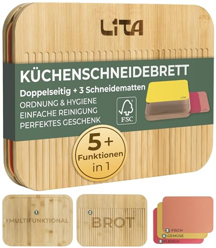 LITA Tabla de Cortar de Bambú Antibacteriana 36,5 x 27 x 4 cm, Doble Cara con 3 Alfombrillas Intercambiables, Tabla de Cocina para Carne, Pescado, Verduras y Pan, Libre BPA