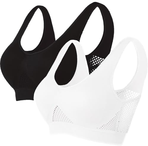 Memoryee Vadderad sport-BHS dam medelstort grepp stora storlekar för stora bröst push-up sömlös andas för yoga löpning crop top, Svart + vit, 6XL