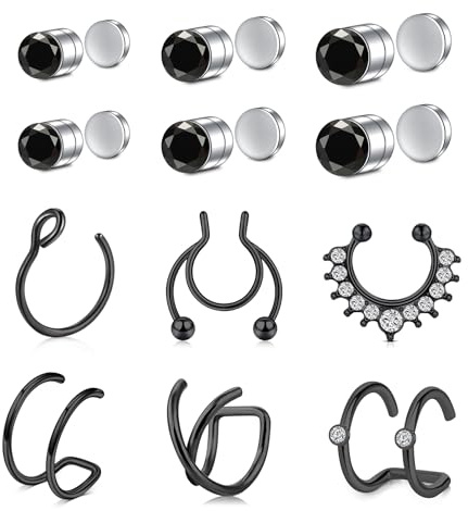 AVYRING Fake Nasenring Schwarz Nasenstecker Non Piercend Magnetischer Nasenring Septum Lippen und Ohrringe Edelstahl Falsche Nasenreifen für Nasenpiercing Schmuck für Frauen Männer