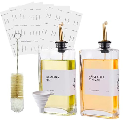 DYUEE 350ml Olive Oil Dispenser Bottle Set for Kitchen, 2 PCS Dispenser Glass Automatic Pourer, Oil and Vinegar Dispenser Bottle Set with Weighted Pourer and Waterproof Label&Silicone Funnel, Gold