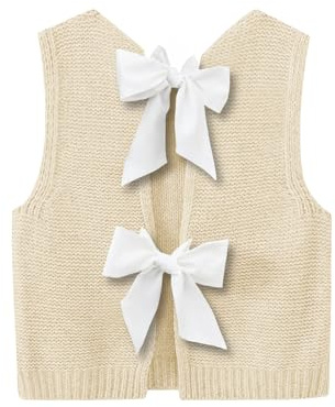 Imily Bela Womens Sweater Vest Top Summer Bow Tie Back Sleeveless Casual Knit Crop Tank Tops Apricot