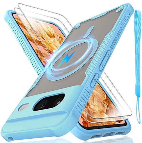 for Google Pixel 8 Case, Translucent Matte Back Compatible with Magsafe Magnetic Slim Shockproof Protective Case and Lanyard Strap/2 * 9H Tempered Glass Screen Protector Phone Cover 6.2-inch-Blue