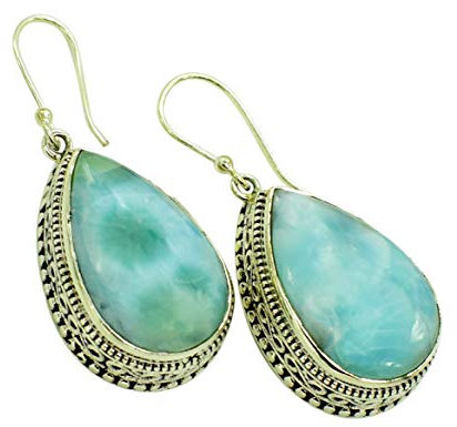 Tropfenförmige Larimar-Ohrhänger aus 925er Sterlingsilber mit Angelhaken, Schmuck aus Ozean-Edelsteinen im böhmischen Stil