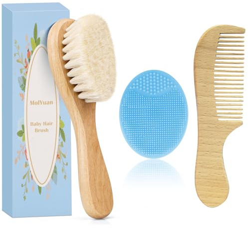 MolYuan Juego de 3 cepillos y peines de pelo de bebé, cerdas de cabra y cepillo de pelo de silicona para tapa de cuna (Azul Brosse en silicona)