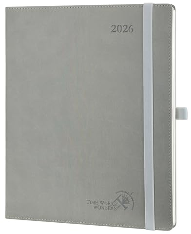 POPRUN Kalender 2026 Vertikal 26,5 x 21,5 cm, Mjukt Omslag, Planner 2026 med Månadsflikar, Veganläder och 100 GSM Tjockt Papper, Grå