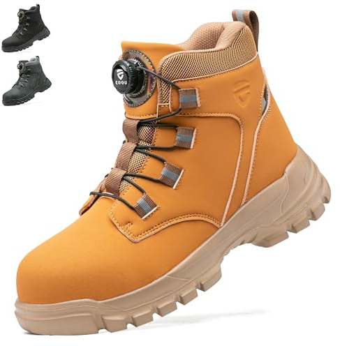 KOIFISH Chaussures de Sécurité Hommes Femmes Montante Basket de Securite Légère Confortable Bottines de Travail Embout en Acier Antidérapant Jaune 44