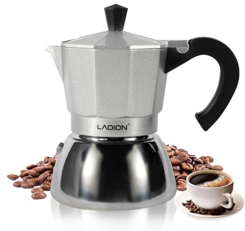LAOION Stovetop Espresso Maker, 3Cup Moka Pot, Espresso Machine Compatible with Induction Cooktops, 150ml Stainless Steel & Aluminum Cuban Coffee Maker for Cafetera Cubana, Silver