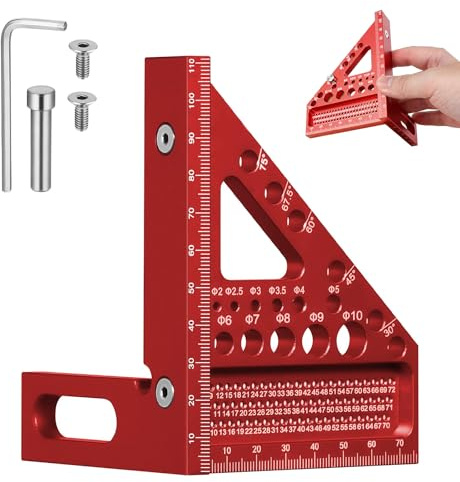 3D Gehrungswinkel, 3D Quadratischer Winkelmesser, 22,5 à 90° Präziser Zimmermannswinkel, Winkelmaß aus Aluminiumlegierung, Winkelmesser Anschlagwinkel mit Tieflochmarker, für Ingenieur, Schreiner(Rot)