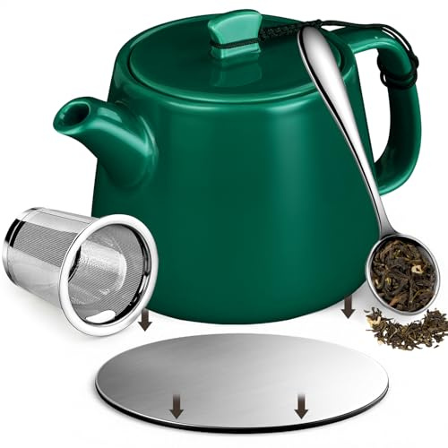 Brew To A Tea Stump Teapot with Strainer, Removable Infuser Tea Pot Handmade 600ml/20.29oz Heat-Resistant Ceramic Tea Pot with Stainless Steel Coaster, Forest Green