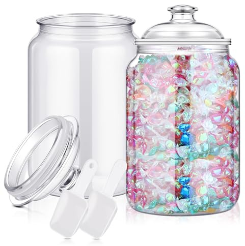 mwellewm 2 Pc Candy Jar with Lids 1 Gallon Large Candy Containers with Spoon Clear Plastic Cookie Dispenser Airtight Apothecary Storage Organization Snack Buffet Bar Dish for Wedding Home Classroom