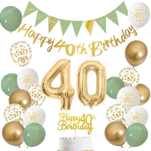 40 Jahre Geburtstag Dekoration für Männer und Frauen – Salbeigrün, Weiß und Gold Luftballons mit ‚Happy Birthday‘-Banner, Zahl 40 Ballon und Tortenaufleger für 40 Jahre Geburtstagsfeier-Deko (40)
