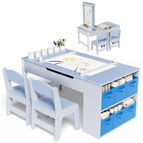 MAMIZO Kindertisch mit 2 PCS Stühlen, Kindertisch Holz, Spieltisch mit Stauraum, Kindersitzgruppe mit Wendbarer Tischplatte, Mal und Basteltisch für Kinder, Maltisch für Kinder ab 3 Jahre (Blau)