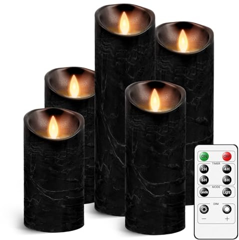 AnnSpa 5 Set Schwarz LED Kerzen Batteriebetriebene mit Fernbedienung, Flammenlose Echtes Wachs Flackern Moving Wick Flackern Amber Yellow Light Pillar Candles für Weihnachten/Geschenk/Dekoration