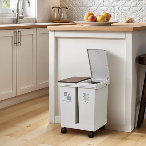 Warmiehomy 24L Double Compartment Dry Wet Separation Kitchen Bin with Lid | Press-Open Lids, Detachable Dual Bins, with Wheels, for Living Room & Bathroom, 34x28x43cm