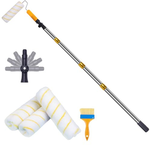 Extendable Paint Roller Set, 44.5~141.7in Stainless Steel Telescopic Rod, with 3 Roller Brushes, Multi-Angle Extension Polea, Detachable Rod Handle and Brush, Suitable for Walls and Ceilings