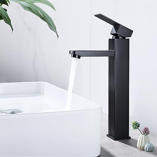 HOMELODY Wasserhahn Bad Schwarz Hoch, Höhe 295mm Waschtischarmatur Eckig | Edelstahl Mischbatterie Waschbecken Hoch Mattschwarz, Armatur Badezimmer Waschraumarmatur Einhebelmischer Waschbeckenarmatur