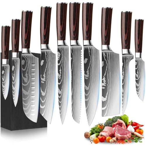 FIVE COWS 10er Küchenmesser Set, Küchenmesser Set aus Hochwertigem Carbon Edelstahl, Scharfen Klingen, Chefmesser, Hackmesser, Kochmesser, und Ergonomischem Griff, Ideal für Profi und Hobbyköche