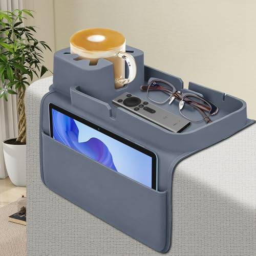 Foyucool Sofatablett Armlehne Silikon rutschfest, Sofa Tablett Armlehne | Couch Butler mit Handyhalterung und Taschen, Sofa Tablett Organizer für Getränke, Armlehnen Tablett, Sofalehne Ablage, Grau