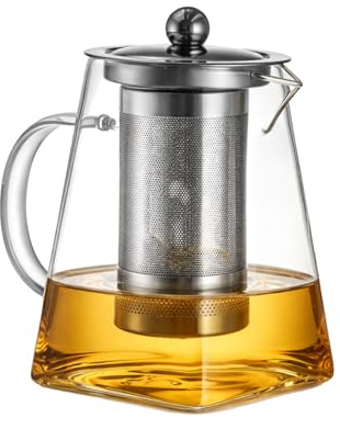 M.J COMFY-LIFE Square Glass Teapot with Infuser Heat-Resistant Borosilicate Glass Tea Pot with Removable Stainless Steel Strainer Loose Leaf Teapot with Ergonomic Handle Teapot (750ML)