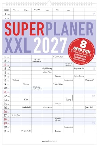 Superplaner XXL 8 Spalten 2027: Familienkalender 34x49,5 cm mit 8 Spalten, Schulferien, Feiertagen & Notizfeld, ideal für Familienorganisation | Familienkalender 34x49,5 cm mit 8 Spalten, Schulferien, Feiertagen & Notizfeld, ideal für Familienorganisation