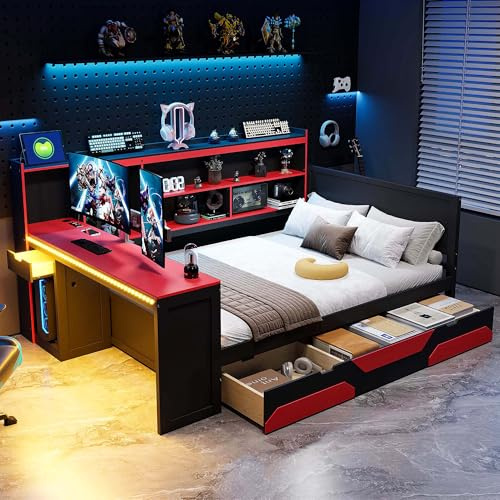 VilroCaz Full Size Gaming Daybed with Integrated Desk and Storage Headboard, Multi-Functional Wooden Bed Frame with Built-in Charging Station and Lights, No Box Spring Needed (Red+B, Full)