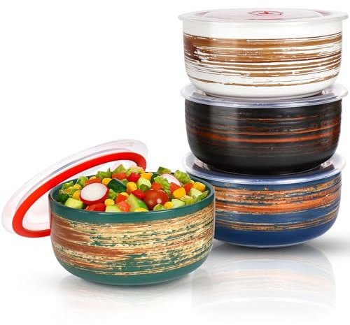 RWFMO Lot de 4 bols en céramique avec couvercle, 680 ml, récipients alimentaires en céramique, 15 cm, bols à céréales hermétiques pour salade, soupe, pâtes, repas - Passe au micro-ondes et au four