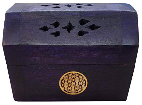 Saraswati Räucherkegelhalter India Truhe Duftlampe Blume des Lebens aus Holz violett 9x6cm