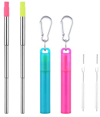 Wolfteeth 2 Pailles Métalliques Télescopiques Réutilisables, Pointe en Silicone de Qualité Alimentaire, Pailles à Boire pliantes Acier inoxydable pliables, Etui en portable et Brosse de nettoyage 03