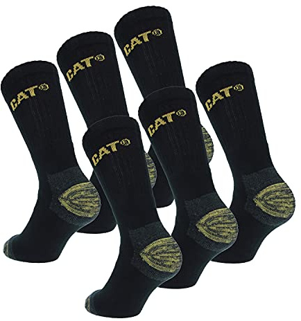 Caterpillar 6 par męskich skarpet ochronnych CAT do pracy, podwójne wzmocnienie palców i pięty, wysokiej jakości przędza, gąbka bawełniana, czarny, 47-50