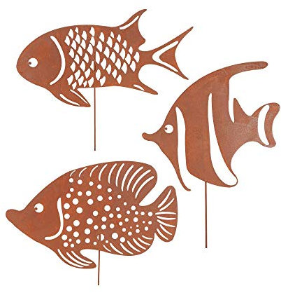 RM E-Commerce - Set di 3 spine decorative da giardino in metallo arrugginito, per giardino, terrazza o balcone