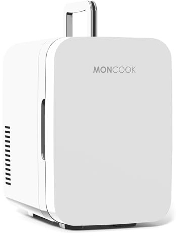 MONCOOK Mini Fridge For Bedrooms - Small, Portable & Quiet - Glass Door Mini Fridge For Skincare, Food & Drinks - Cooling & Warming Function - Perfect For Home, Office, Car Or Travel - 6L White